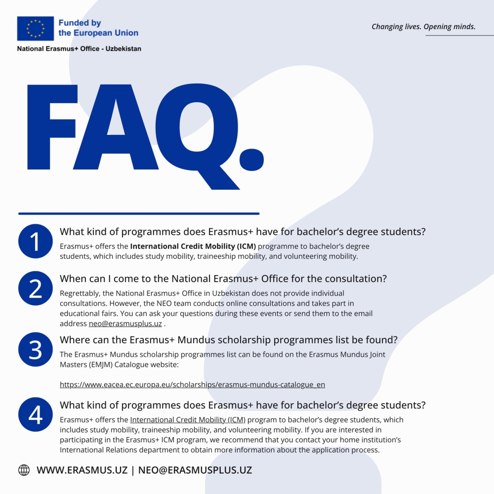 Erasmus+ haqida tez-tez so‘raladigan savollar (FAQ)